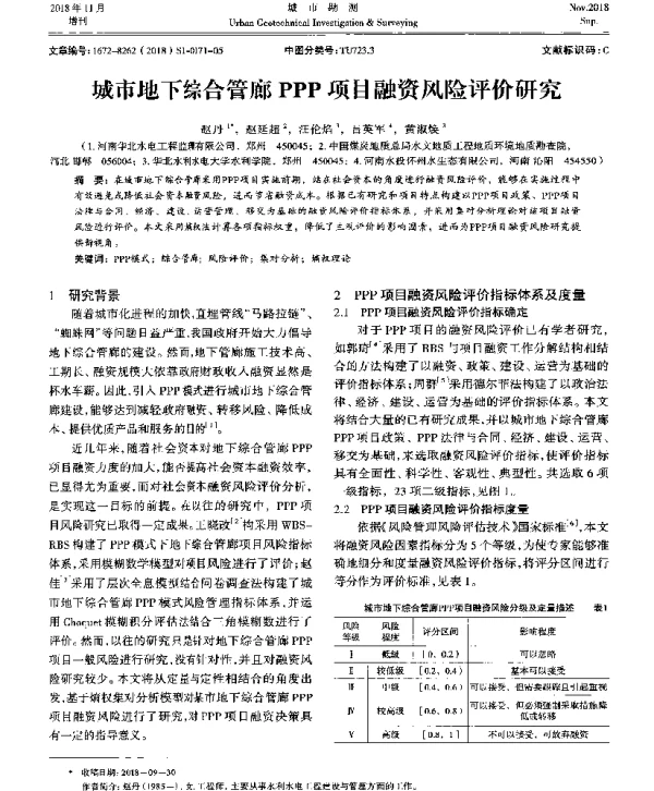 城市地下综合管廊PPP项目融资风险评价研究