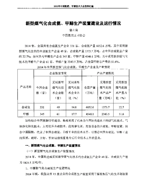 新型煤气化合成氨、甲醇生产装置建设及运行情况