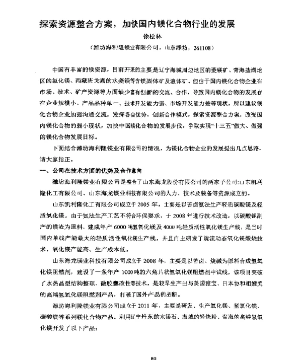 探索资源整合方案加快国内镁化合物行业的发展