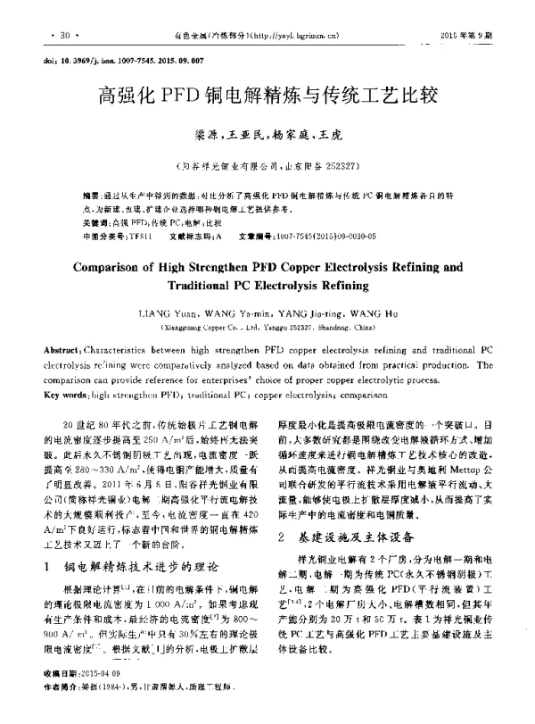 高强化PFD铜电解精炼与传统工艺比较