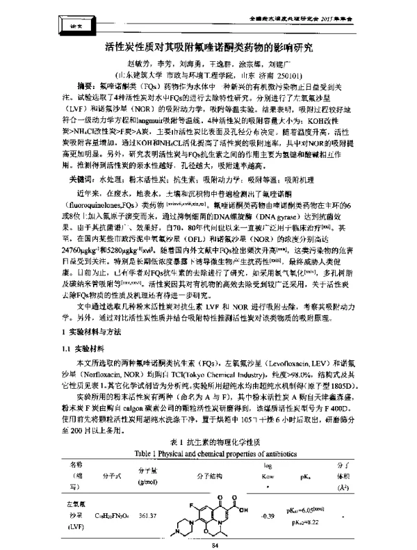活性炭性质对其吸附氟喹诺酮类药物的影响研究