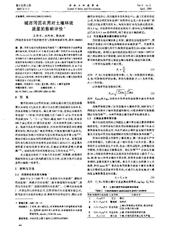 城市污泥农用对土壤环境质量的影响评价
