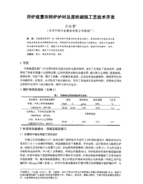 活炉底复吹转炉炉衬及底吹砌筑工艺技术开发