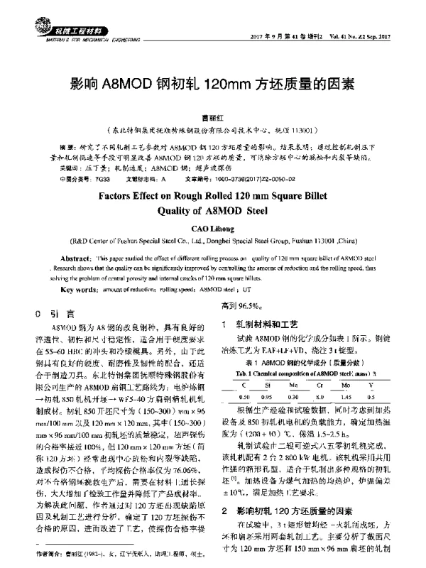 影响A8MOD钢初轧120mm方坯质量的因素