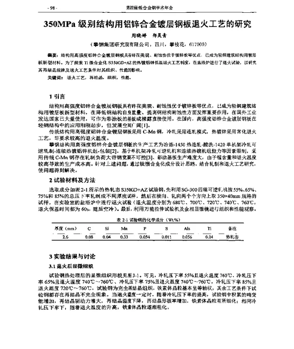 350MPa级别结构用铝锌合金镀层钢板退火工艺的研究