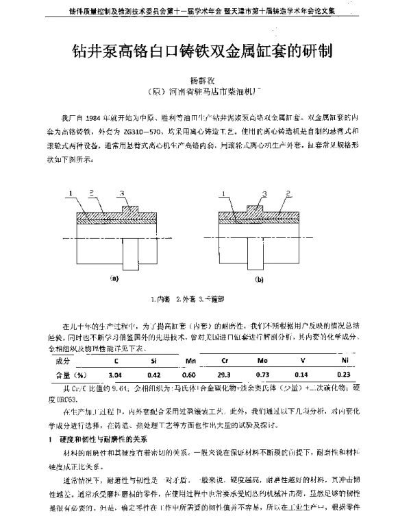 钻井泵高铬白口铸铁双金属缸套的研制