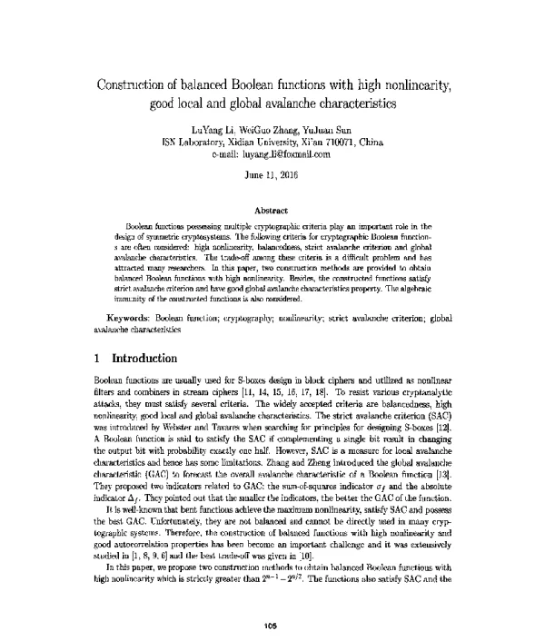 ConstructionofbalancedBooleanfunctionswithhighnonlinearitygoodlocalandglobalavalanchecharacteristics