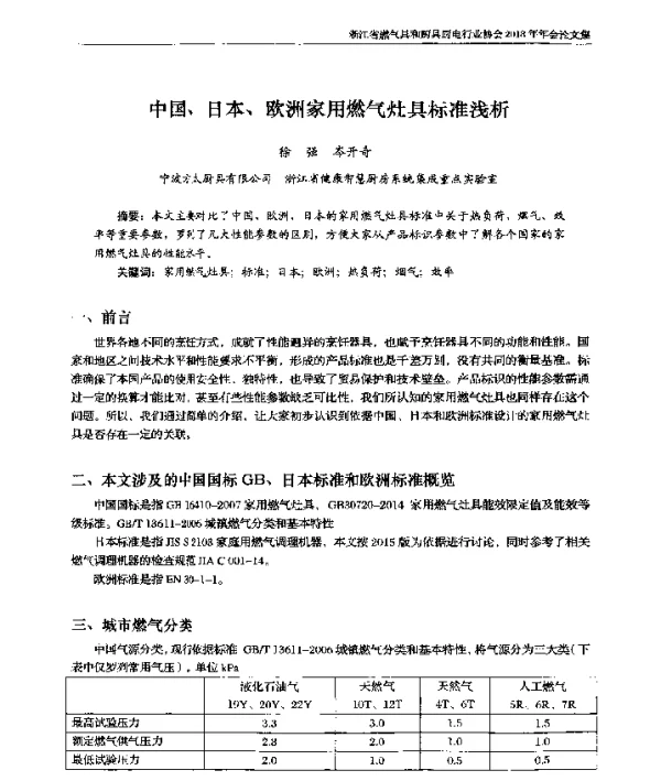 中国、日本、欧洲家用燃气灶具标准浅析