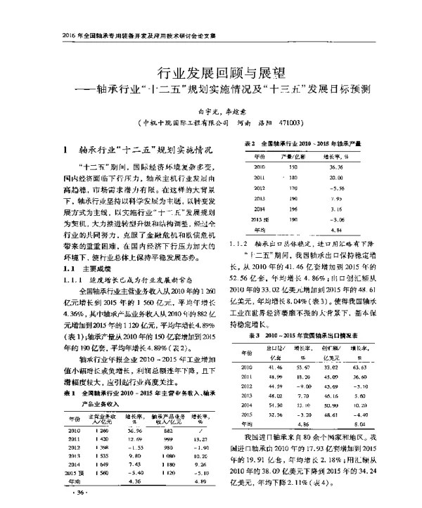 行业发展回顾与展望--轴承行业十二五规划实施情况及十三五发展目标预测