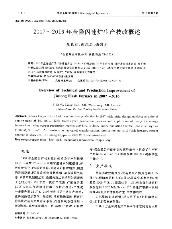2007~2016年金隆闪速炉生产技改概述