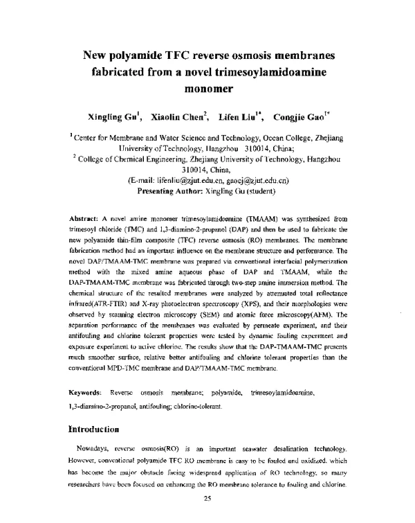 NewpolyamideTFCreverseosmosismembranesfabricatedfromanoveltrimesoylamidoaminemonomer