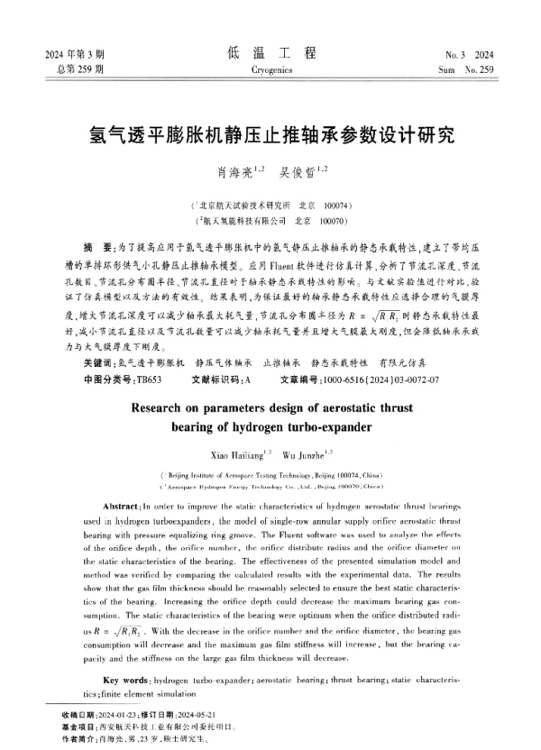 氢气透平膨胀机静压止推轴承参数设计研究