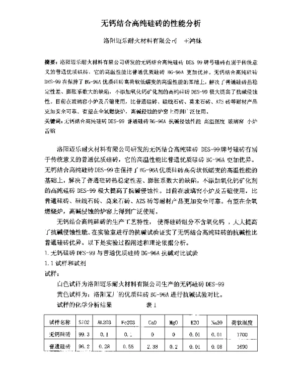 无钙结合高纯硅砖的性能分析