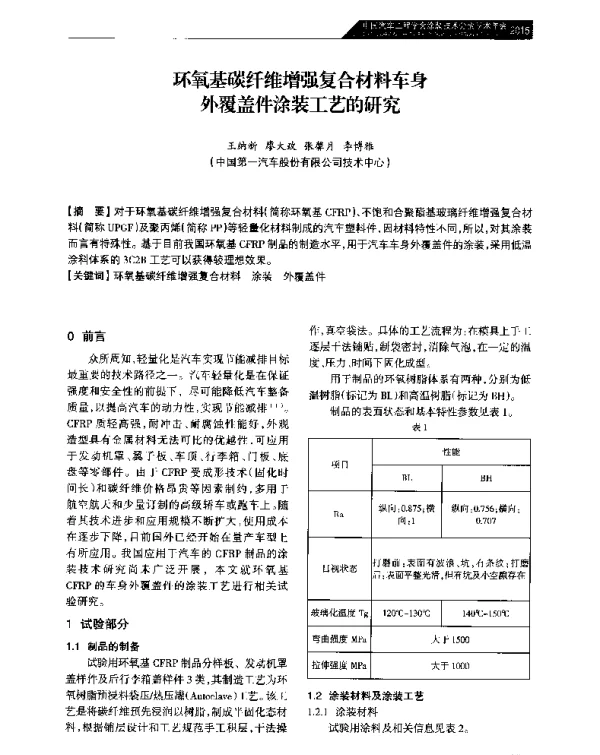 环氧基碳纤维增强复合材料车身外覆盖件涂装工艺的研究