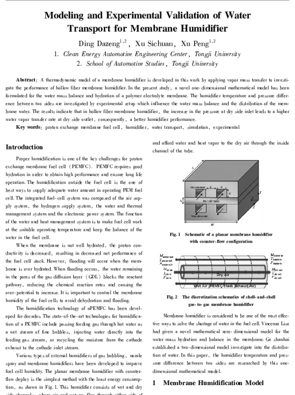 ModelingandExperimentalValidationofWaterTransportforMembraneHumidifier