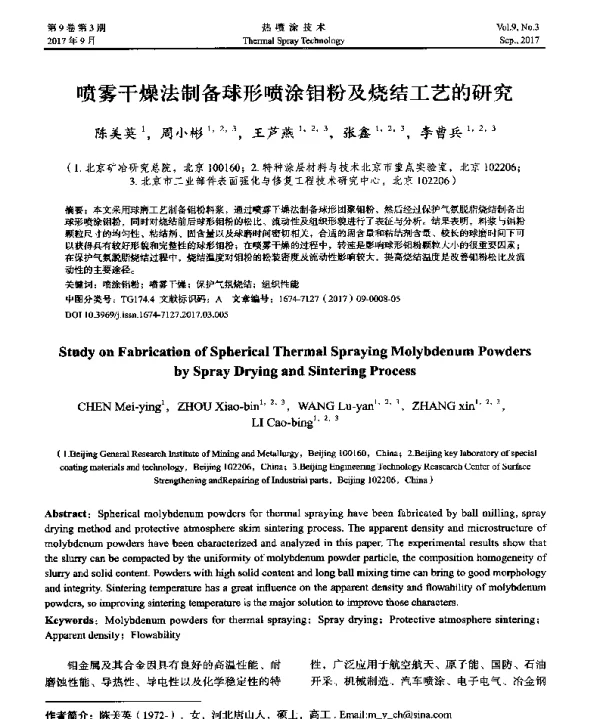 喷雾干燥法制备球形喷涂钼粉及烧结工艺的研究