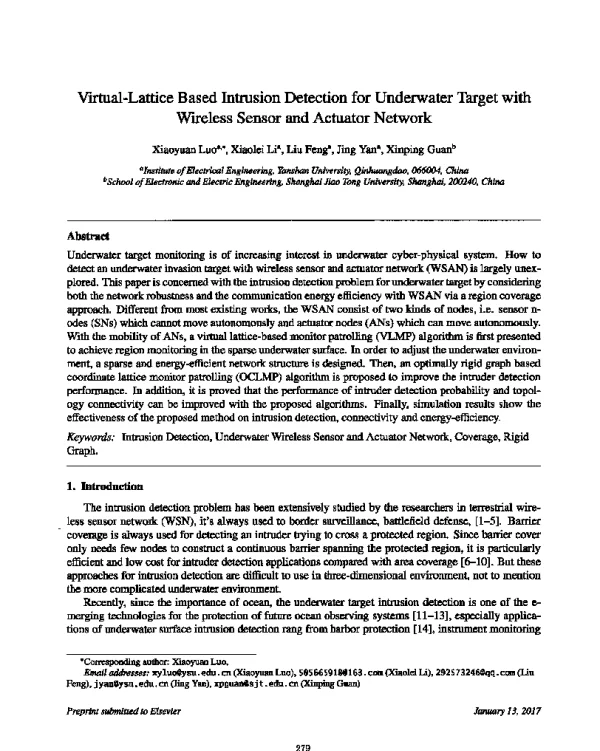 Virtual-LatticeBasedIntrusionDetectionforUnderwaterTargetwithWirelessSensorandActuatorNetwork