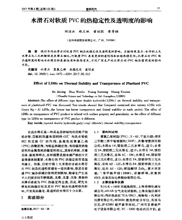 水滑石对软质PVC的热稳定性及透明度的影响