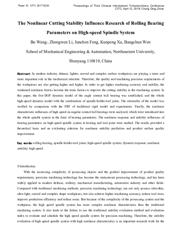 TheNonlinearCuttingStabilityInfluenceResearchofRollingBearingParametersonHigh-speedSpindleSystem