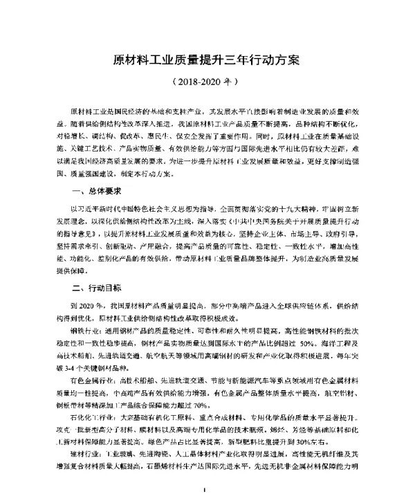 原材料工业质量提升三年行动方案(2018-2020年)