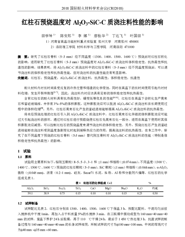红柱石预烧温度对Al2O3-SiC-C质浇注料性能的影响