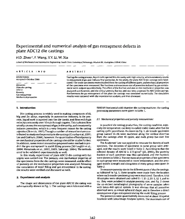 ExperimentalandnumericalanalysisofgasentrapmentdefectsinplateADC12diecastings