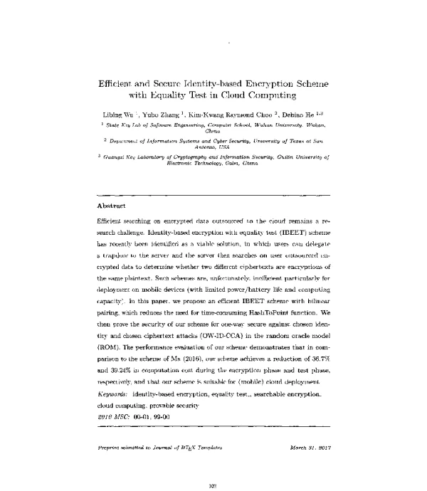 EfficientandSecureIdentity-basedEncryptionSchemewithEqualityTestinCloudComputing