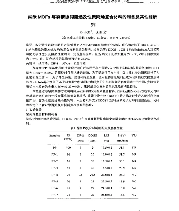 纳米MOFs与酒糟协同阻燃改性聚丙烯复合材料的制备及其性能研究