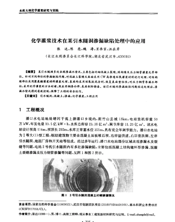 化学灌浆技术在某引水隧洞渗漏缺陷处理中的应用