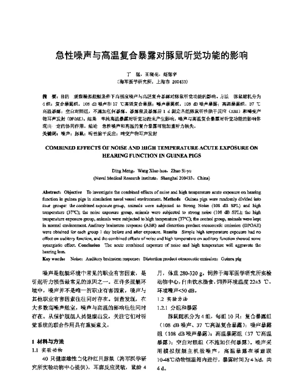 急性噪声与高温复合暴露对豚鼠听觉功能的影响