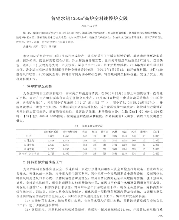 首钢水钢1350m3高炉空料线停炉实践