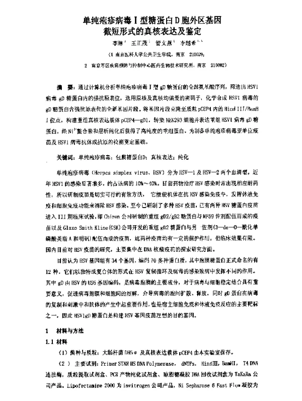 单纯疱疹病毒Ⅰ型糖蛋白D胞外区基因截短形式的真核表达及鉴定