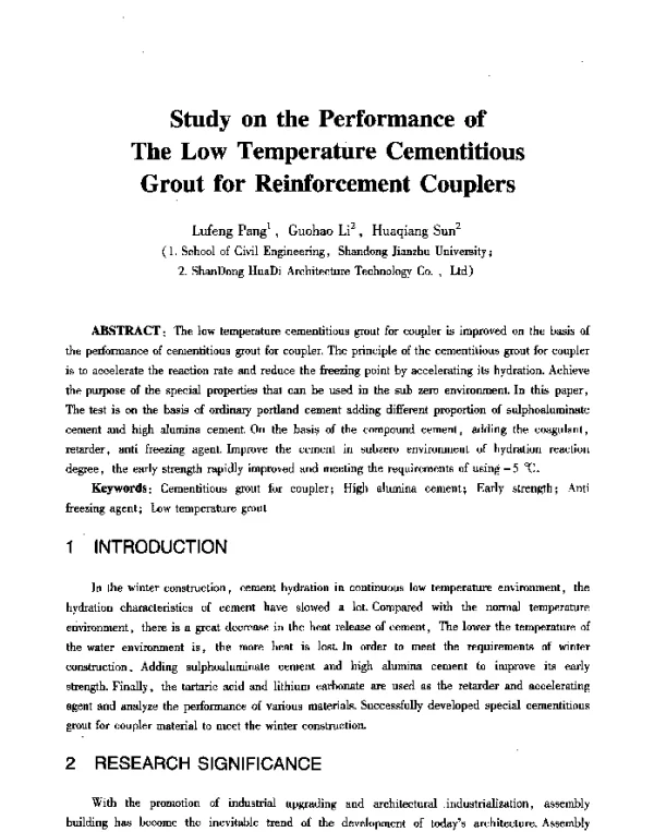 StudyonthePerformanceofTheLowTemperatureCementitiousGroutforReinforcementCouplers