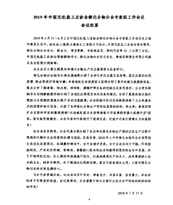 2019年中国无机盐工业协会镁化合物分会专家组工作会议会议纪要