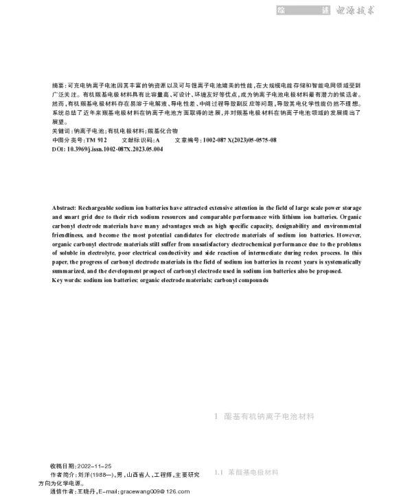 有机羰基钠离子电池材料研究进展