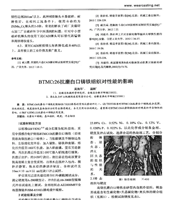 BTMCr26抗磨白口铸铁组织对性能的影响