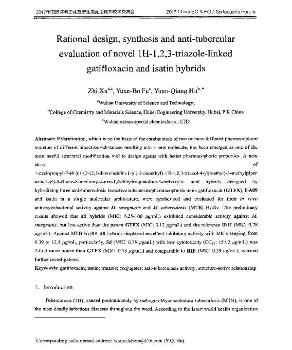 Rationaldesignsynthesisandanti-tubercularevaluationofnovel1H-123-triazole-linkedgatifloxacinandisatinhybrids