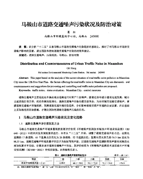 马鞍山市道路交通噪声污染状况及防治对策