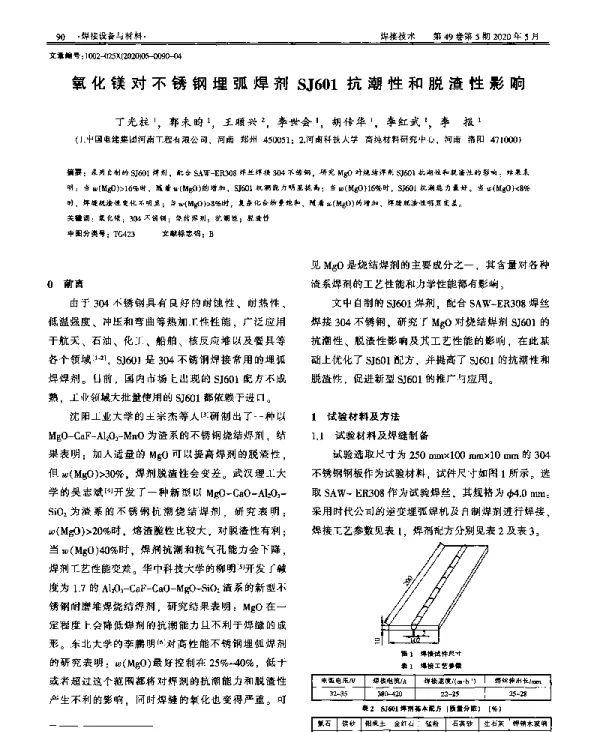 氧化镁对不锈钢埋弧焊剂SJ601抗潮性和脱渣性影响