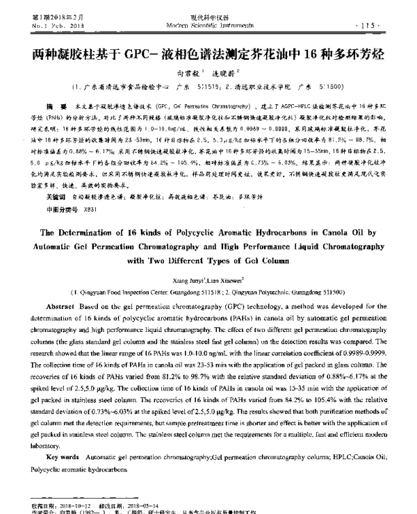 两种凝胶柱基于GPC-液相色谱法测定芥花油中16种多环芳烃