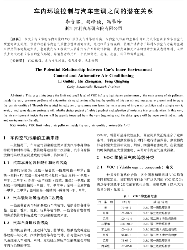 车内环境控制与汽车空调之间的潜在关系