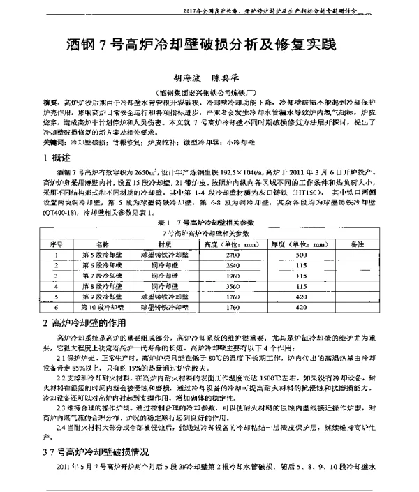 酒钢7号高炉冷却壁破损分析及修复实践