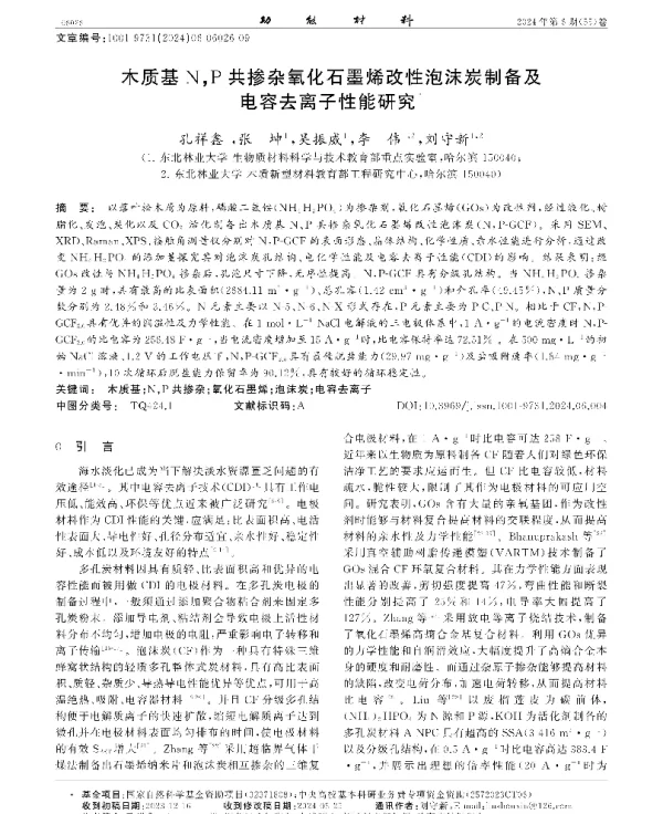 木质基NP共掺杂氧化石墨烯改性泡沫炭制备及电容去离子性能研究
