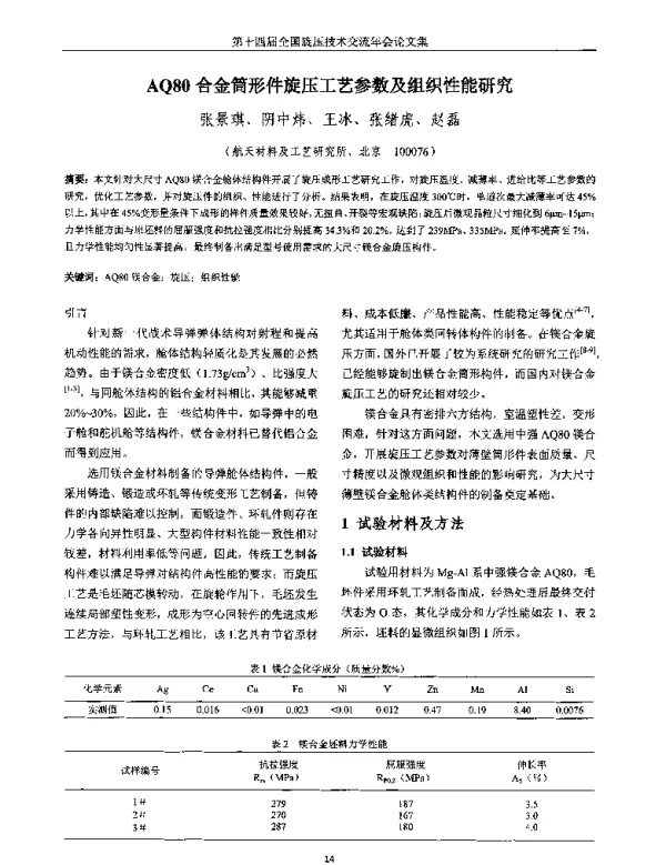 AQ80合金筒形件旋压工艺参数及组织性能研究