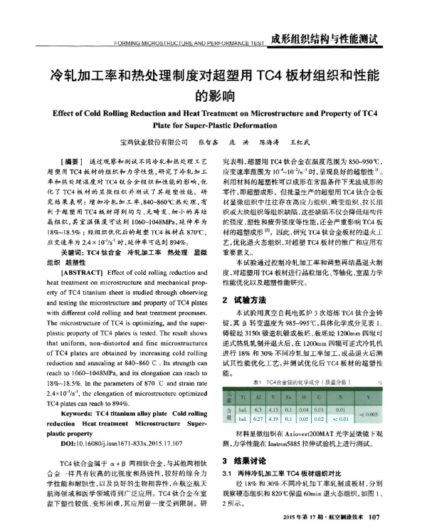 冷轧加工率和热处理制度对超塑用TC4板材组织和性能的影响