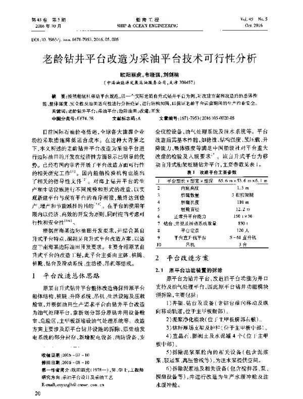 老龄钻井平台改造为采油平台技术可行性分析
