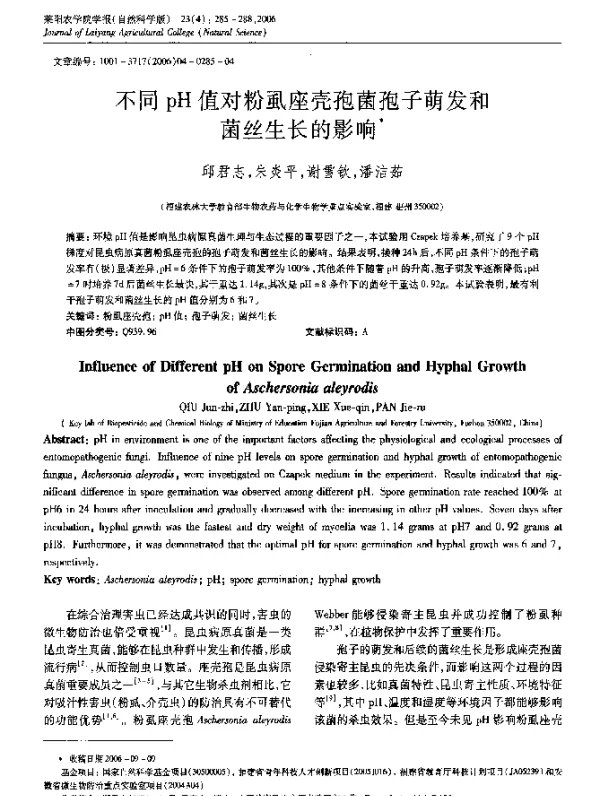 不同pH值对粉虱座壳孢菌孢子萌发和菌丝生长的影响