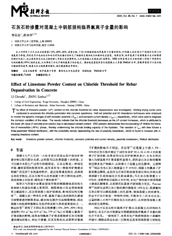 石灰石粉掺量对混凝土中钢筋脱钝临界氯离子含量的影响