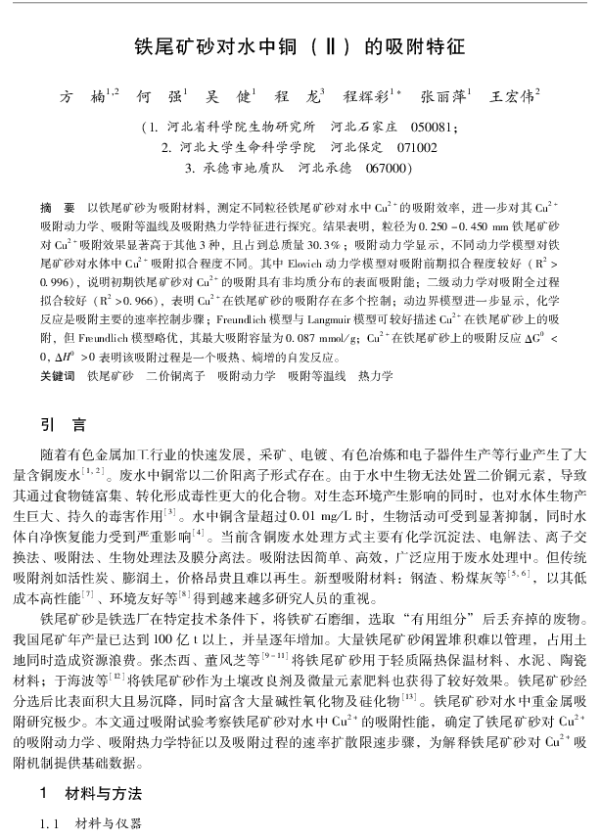 铁尾矿砂对水中铜(Ⅱ)的吸附特征
