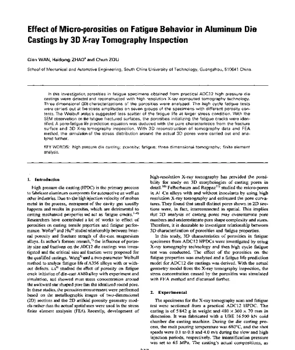 EffectofMicro-porositiesonFatigueBehaviorinAluminumDieCastingsby3DX-rayTomographyInspection